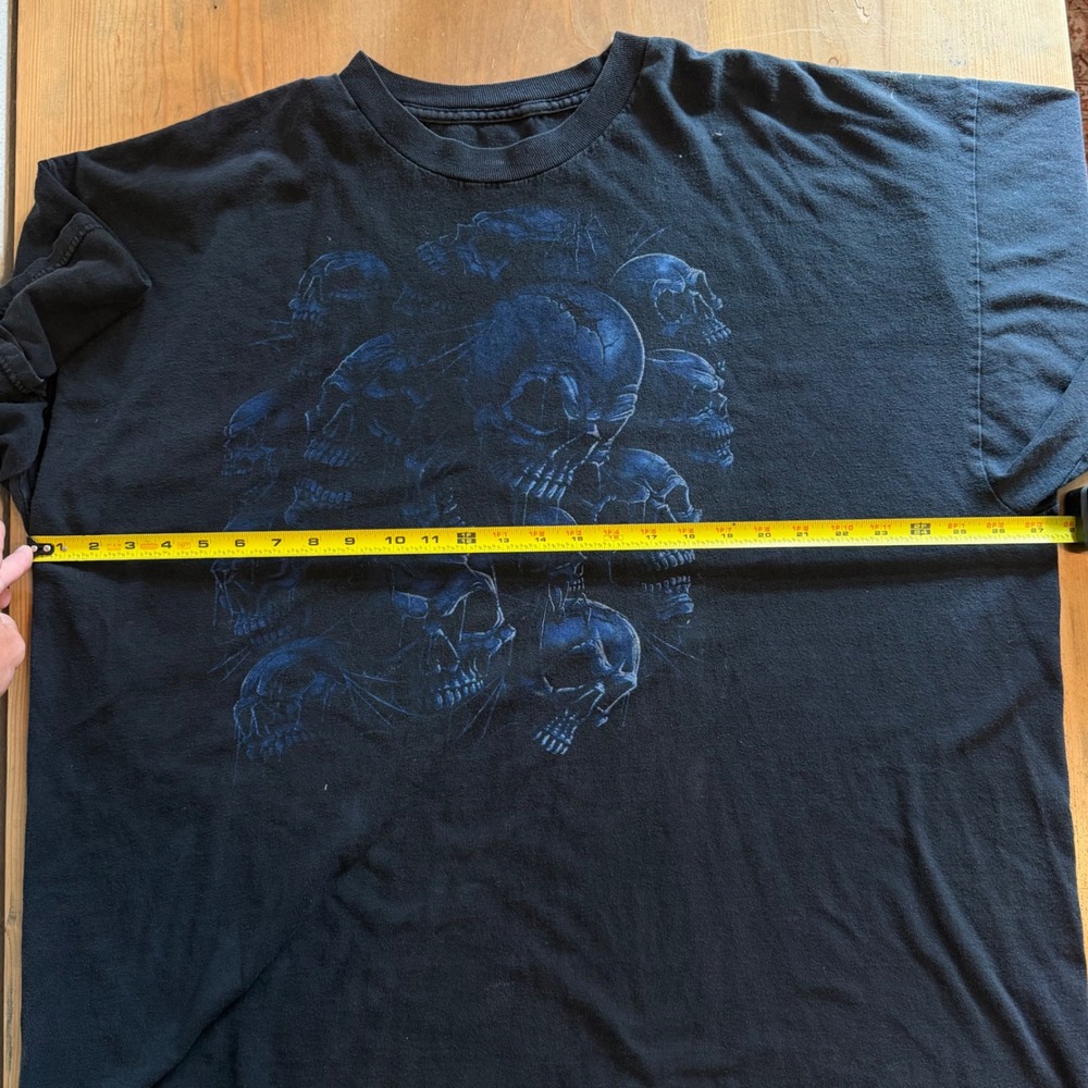 Vintage Y2K Blue Skull Shirt Mens 2XL Boxy Black Short Sleeve Gothic Grunge Tee - Picture 6 of 7